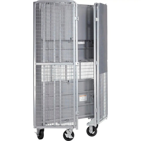 Heavy Duty Folding Security Truck With Lockable Wire Mesh Cage, Built Tough For Two Thousand Pound Loads, Rolls Slick Through Warehouses, And Keeps Your Goods Locked Up Tight