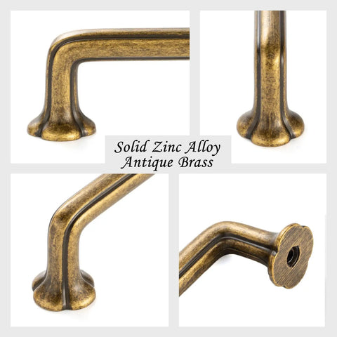 Close-up of solid zinc alloy antique brass cabinet pulls showcasing edges, texture, and durability. Antique Brass Cabinet Pulls 10 Pack With 3-3/4 Inch Hole Centers, Vintage Brass Handles For Cabinets, Drawers, Dressers, Vanity, Closet, Kitchen, Durable Rust-Resistant Metal Hardware.