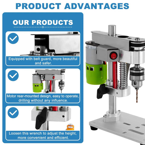 Side view of Mini Benchtop Drill Press With Bright Work Light For Precise Woodworking Jewelry And Crafts Rear Mounted 795 Motor