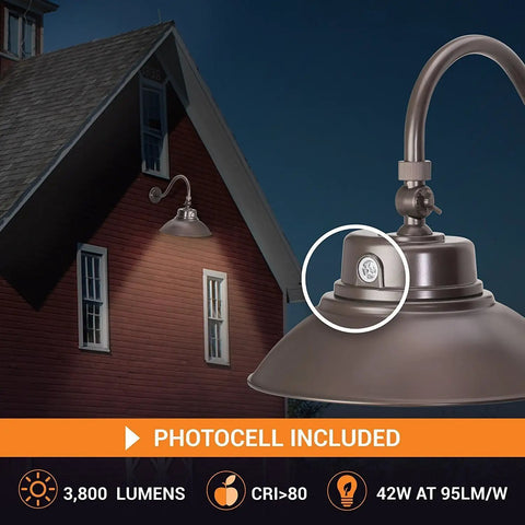 Bronze 14 Inch Gooseneck Barn Light LED Fixture With Photocell Dusk To Dawn, Indoor Outdoor Use, Swivel Head, 42W, 3800 Lumens, Energy Star Rated, ETL Listed, Sign Lighting, Built To Last, Warm White 3000K