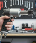 Hand holding a power tool in a workshop setting in front of a tool-covered wall.
