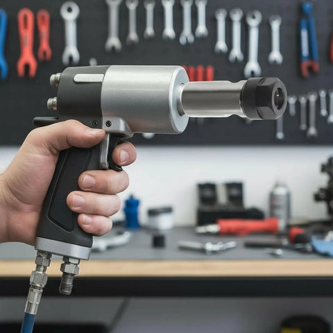 Hand holding a power tool in a workshop setting in front of a tool-covered wall.