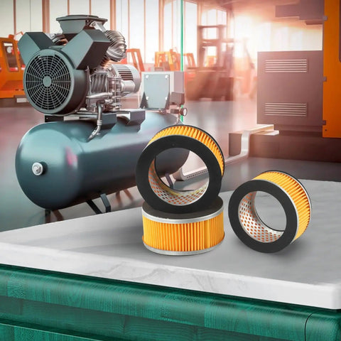 Pro Grade Air Compressor Filter Element Assembly For Cylinder Shape Air Intake Precise Filtration To Cut Debris And Extend Equipment Life Fits 106x75x51mm Models With Metal Trim Bulk Pack Of Three Replacement Filters, yellow pleated filters