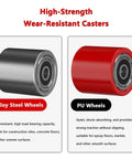Heavy Duty Machinery Skates With Steering Handle Dual Pu Or Steel Wheels Smooth Operator Machine Mover Dolly showing alloy steel and PU wheels.