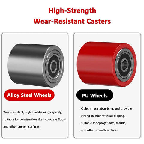 Heavy Duty Machinery Skates With Steering Handle Dual Pu Or Steel Wheels Smooth Operator Machine Mover Dolly showing alloy steel and PU wheels.