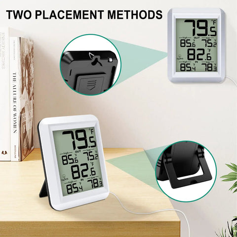 Digital Indoor Outdoor Thermometer With Wired Probe All In One Temperature Monitor For Home Office Greenhouse Aquarium Refrigerator Freezer Min Max Recording LCD Display Celsius Fahrenheit Switch, desk and wall mount