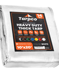 Extra Heavy Duty 14 Mil Tarp Cover Waterproof UV Resistant Rip Proof Poly Tarpaulin With Reinforced Edges For Roof Camping Patio Pool Boat White 10 Ft By 20 Ft, folded view with label shown
