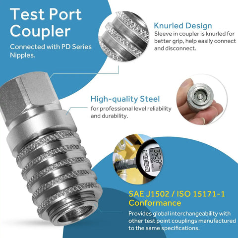 Steel Test Port Quick Coupler For Diagnostic Gauges And SensoControl Meters shown with knurled design and gauge.
