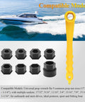 Universal Prop Wrench Kit With Floating Propeller Wrench And Nine Socket Sizes, Fits Common Prop Nuts From Seventeen Thirty Two To One And One Quarter Inch, Ideal For Outboard And Stern Drive Motors, Yellow in front of a speeding boat background.