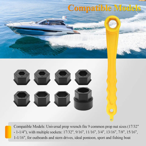Universal Prop Wrench Kit With Floating Propeller Wrench And Nine Socket Sizes, Fits Common Prop Nuts From Seventeen Thirty Two To One And One Quarter Inch, Ideal For Outboard And Stern Drive Motors, Yellow in front of a speeding boat background.
