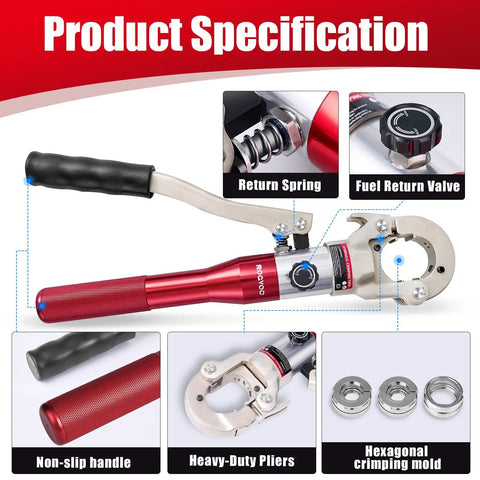 Hydraulic Copper Propress Tool For Fast 6 Ton Pipe Crimping In HVAC Pro Grade Multi Diameter Capability For Copper And Aluminum Tubes Ergonomic Grip For Quick Hex Crimps, hydraulic crimping tool with hex dies and non-slip handle
