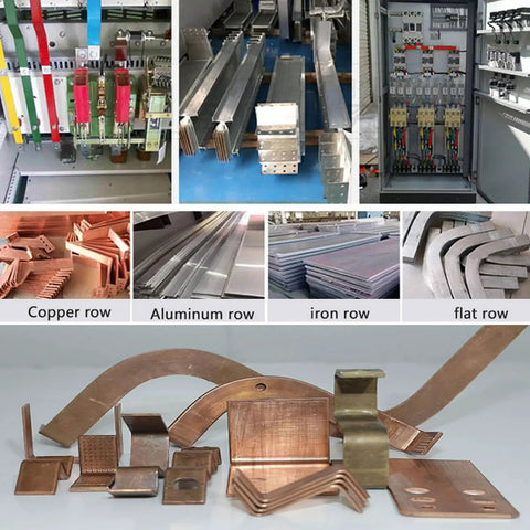 3 In 1 Hydraulic Busbar Cutter Bender Puncher Machine with metal samples for shearing, punching, bending in metalworking projects.