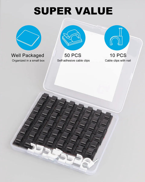 Sticky Cable Clips Set For Wall And Desk Cord Management 60 Piece Upgrade in transparent box