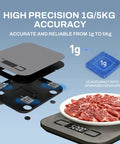 Ultra Precise Digital Kitchen Scale With 5Kg Capacity And 1G Increments Six Unit Modes Plus Tare And Macros LCD Readout shown with steak