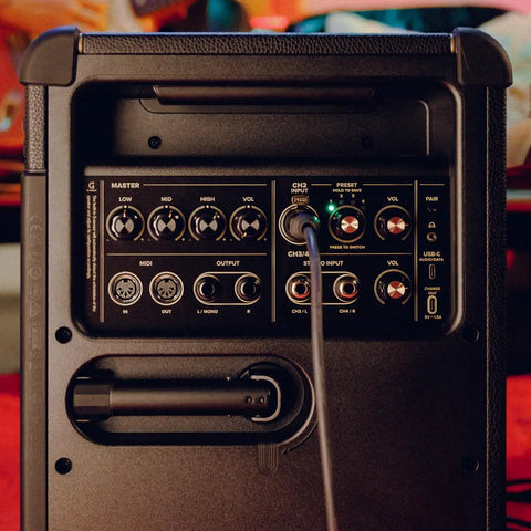 Back panel controls of Spark Live Smart Guitar Amp With 4-Channel PA, Built-In Mixing, Effects, And App Control