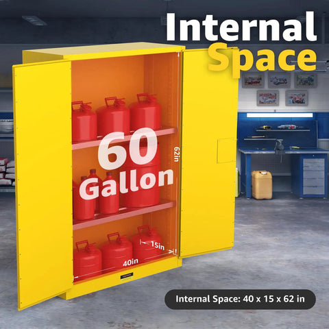 60 Gallon Safety Storage Cabinet With Spill Sump And Vent Ports For Flammable Chemicals Double Door Locking Cabinet Leak Collection Base Heavy Duty Chemical Storage For Lab Or Shop Built Tough For Pros, 40 x 15 x 62 in interior