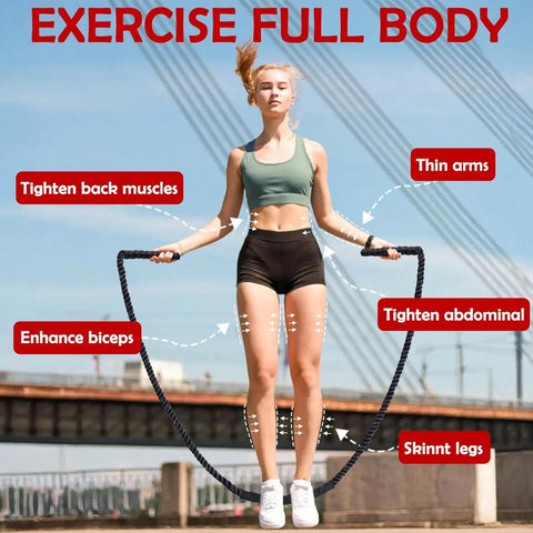 Woman using Beast 1.5lb Weighted Jump Rope For Men And Women, Dope Skipping Rope For Fitness, Home Gym Training, Black outdoors