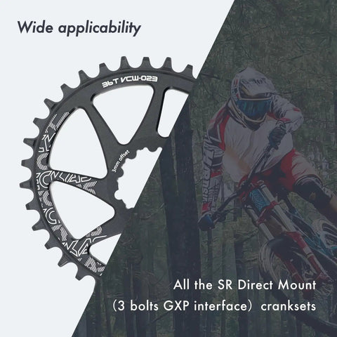 Direct Mount Oval Chainring For Sram GXP Interface Crankset 3mm Offset Aluminum 7075 Lightweight 36T shown near cyclist
