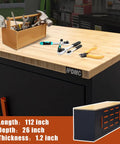 Heavy Duty Garage Cabinet Workbench With Solid Wood Top, Rock Solid Steel Tool Station Built Like A Tank For Hand Tools And Hardware, tools on a 112 inch workbench.