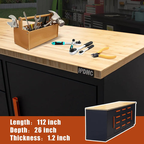Heavy Duty Garage Cabinet Workbench With Solid Wood Top, Rock Solid Steel Tool Station Built Like A Tank For Hand Tools And Hardware, tools on a 112 inch workbench.