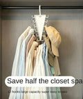 Slick V Shaped Double Sided Clothes Hanger With Twelve Hooks For Dig Free Closet Organization And Rotating Wardrobe Storage, displaying shirts and hats.