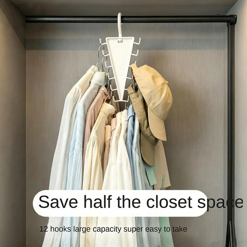 Slick V Shaped Double Sided Clothes Hanger With Twelve Hooks For Dig Free Closet Organization And Rotating Wardrobe Storage, displaying shirts and hats.