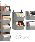 Hanging Closet Organizer 4 Tier With Detachable Fabric Bins And Collapsible Baskets, open gray design with items inside.