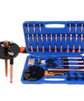 Pro Grade 55 In 1 Bearing Puller Tool Set For Shop And Home Garage Work Gripping Pulling Gears Bearings And Pulleys Featuring 9 Heads 3 Hooks Rods Plate Sleeve And Washers For Solid Grip Nails Your Repairs Quick Like A Real Tech Guru., blue case with puller heads, hooks, rods, plate, and sleeve for bearing removal