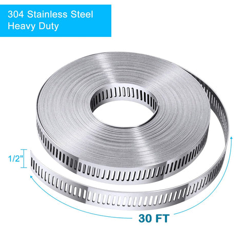 Stainless steel DIY band clamp roll, 1/2 in wide, 30 ft long, perforated duct strap