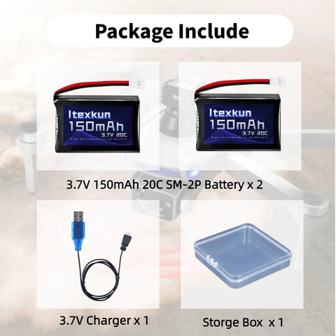 2 Pack 3.7V 150mAh 20C LiPo Battery With USB Cable For JJRC H8 Mini U207 X2 H2 RC Drones That Fit Long Flight Time Safe Charging Easy Plug And Play Replacement showed with USB cable and storage box