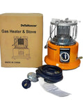 Go To All In One Propane Heater And Stove Portable With 6 Ft Regulating Valve shown with packaging and accessories