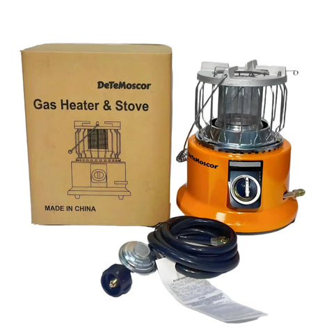 Go To All In One Propane Heater And Stove Portable With 6 Ft Regulating Valve shown with packaging and accessories