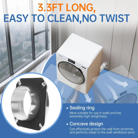 Magnetic Dryer Vent Connector Kit with Quick Connect and Airtight Seal DV180 attached to dryer, sealing ring detail.