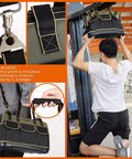 Man testing 17 Inch Wide Mouth Tool Bag With Waterproof Molded Base; durable 1680D Oxford cloth; adjustable strap shown.