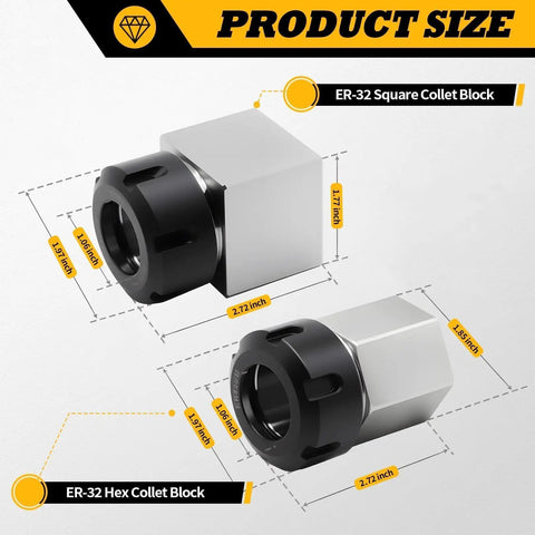 ER-32 Collet Block Set For CNC Machining, Square And Hex Workholding Blocks with size dimensions shown