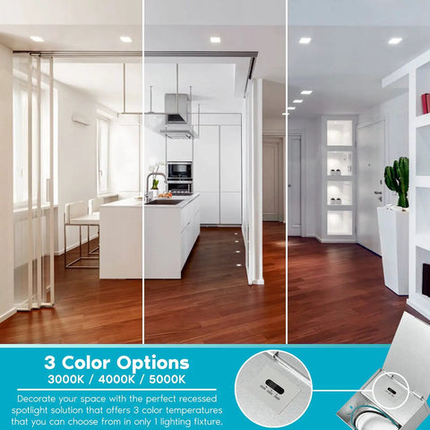 Square 4 Inch LED Recessed Lighting With Junction Box, 15W, 1200 Lumens, 3 color options in modern kitchen ceiling