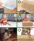 Handmade Rattan Cable Management Box With Two Open Slots For Power Strips Routers And USB Hubs Cord Hider For Clean Minimalist Home Office Setup Natural Finish Patent Protected Design 13 By 5 By 5 Inches in various household scenes.