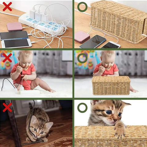 Handmade Rattan Cable Management Box With Two Open Slots For Power Strips Routers And USB Hubs Cord Hider For Clean Minimalist Home Office Setup Natural Finish Patent Protected Design 13 By 5 By 5 Inches in various household scenes.