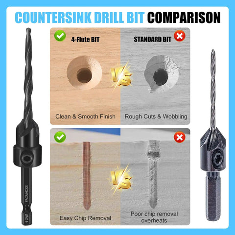 Comparison of 4-flute bit showing clean finish and standard bit with rough cuts from Woodworking Countersink Drill Bit Set.
