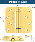 Real Deal Brushed Gold Self Closing Door Hinges Built Tough Spring Loaded Quiet Swing 4 Inch Hardware with dimensions and hardware details.
