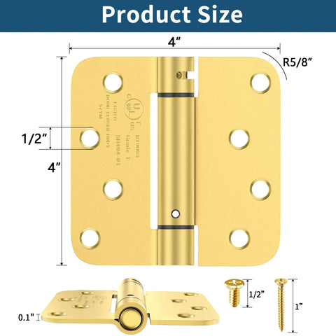 Real Deal Brushed Gold Self Closing Door Hinges Built Tough Spring Loaded Quiet Swing 4 Inch Hardware with dimensions and hardware details.