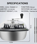 Leaf Bowl Bud Trimmer With Switchable Stainless Steel Blades And Clear Visibility Dome, 13 Inch diameter, product specs shown.