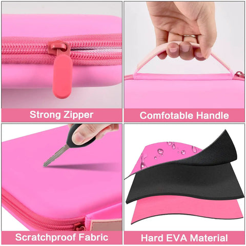 Collage showing details of Pink Universal Case For LED Neck Reading Light, including zipper, handle, fabric, and EVA material.