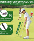 Child using Pink 5 Piece Junior Golf Club Set For Kids Ages Four To Eight with Stand Bag Right Hand on golf course