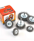 Six Piece Wire Brush Wheel And Cup Brush Set For Drill With One Quarter Inch Arbor And 0.012 Inch Crimped Carbon Steel Wires
