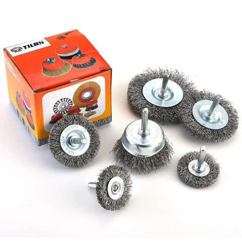 Six Piece Wire Brush Wheel And Cup Brush Set For Drill With One Quarter Inch Arbor And 0.012 Inch Crimped Carbon Steel Wires