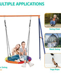 Heavy Duty A Frame Swing Stand With Ground Stakes For Saucer And Web Swings Extra Large Full Steel Frame 440 Lb Capacity All Weather Outdoor Backyard Fun For Kids showing versatility with disc swing, swing chair, mesh swing, and yoga rope.