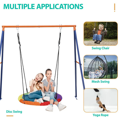 Heavy Duty A Frame Swing Stand With Ground Stakes For Saucer And Web Swings Extra Large Full Steel Frame 440 Lb Capacity All Weather Outdoor Backyard Fun For Kids showing versatility with disc swing, swing chair, mesh swing, and yoga rope.