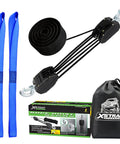 5 To 1 Block And Tackle Pulley Hoist System With 50 Ft Heavy Duty Poly Rope, 2000 Lb Breaking Strength, 1000 Lb Load Capacity, Zinc Plated Steel Wheel Block, Safe Quick Hooks, Includes Two 18 Inch Soft Loops, with rope, loops, and storage bag