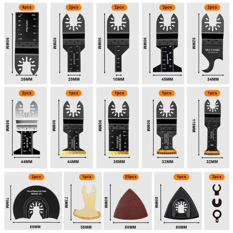 Heavy Duty 50 Pack Oscillating Tool Blades Set, Universal Titanium Multitool Blades shown in various sizes and shapes.